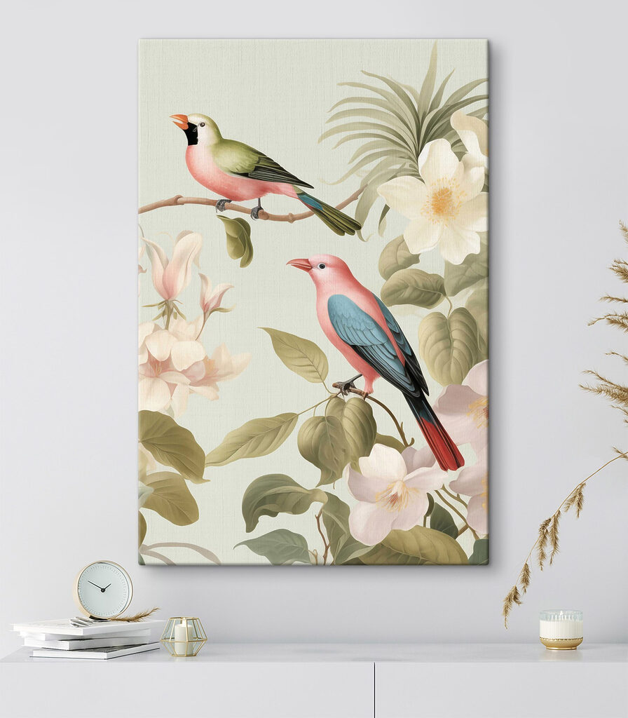 Couple of birds on a branch with flowers Couple of birds on a branch with flowers