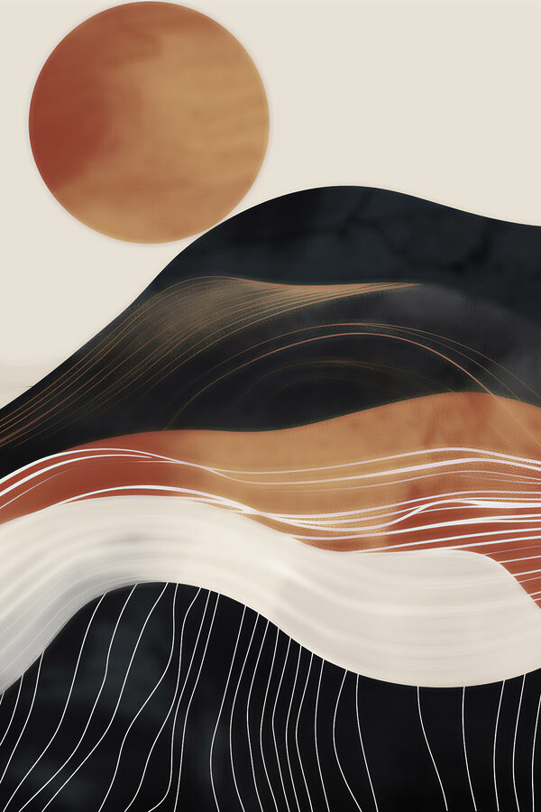Painting of a mountain with a sun behind it