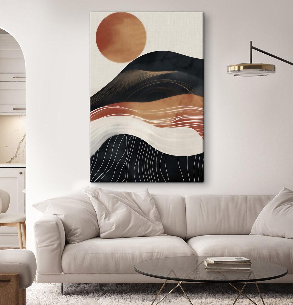 Painting of a mountain with a sun behind it