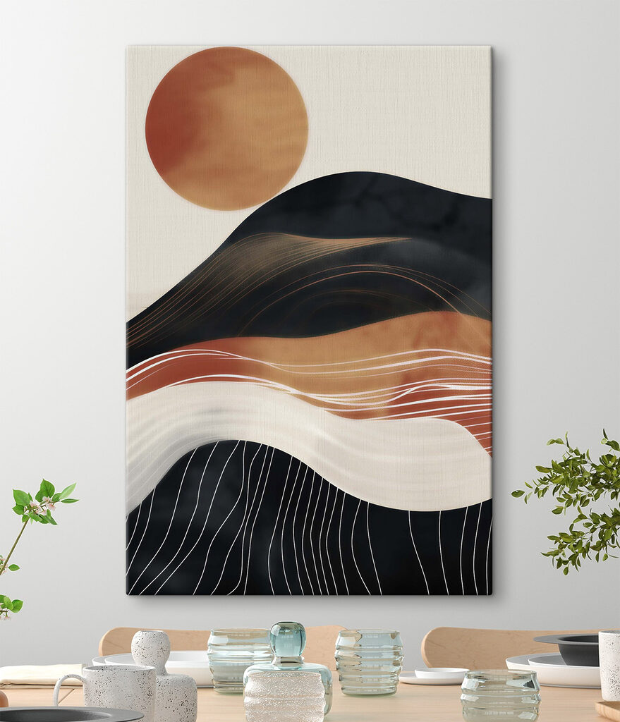 Painting of a mountain with a sun behind it