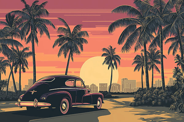 Car parked on a road with palm trees and a city in the background Car parked on a road with palm trees and a city in the background