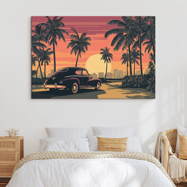 Car parked on a road with palm trees and a city in the background Car parked on a road with palm trees and a city in the background