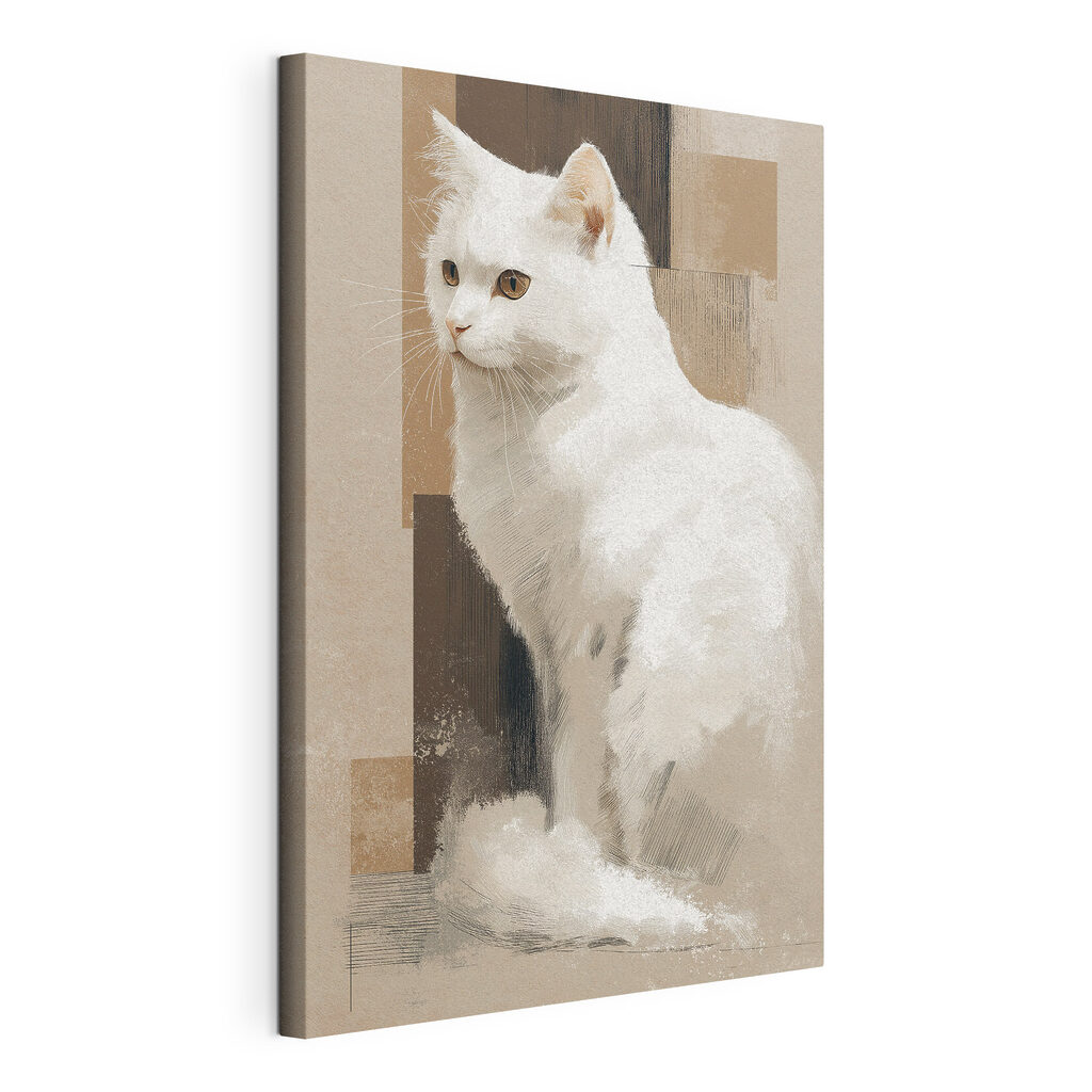 White cat sitting on a brown surface