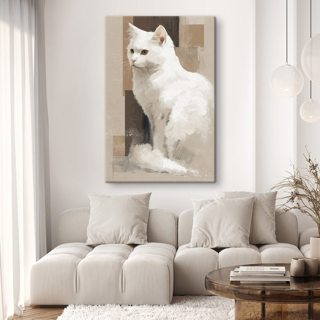 White cat sitting on a brown surface