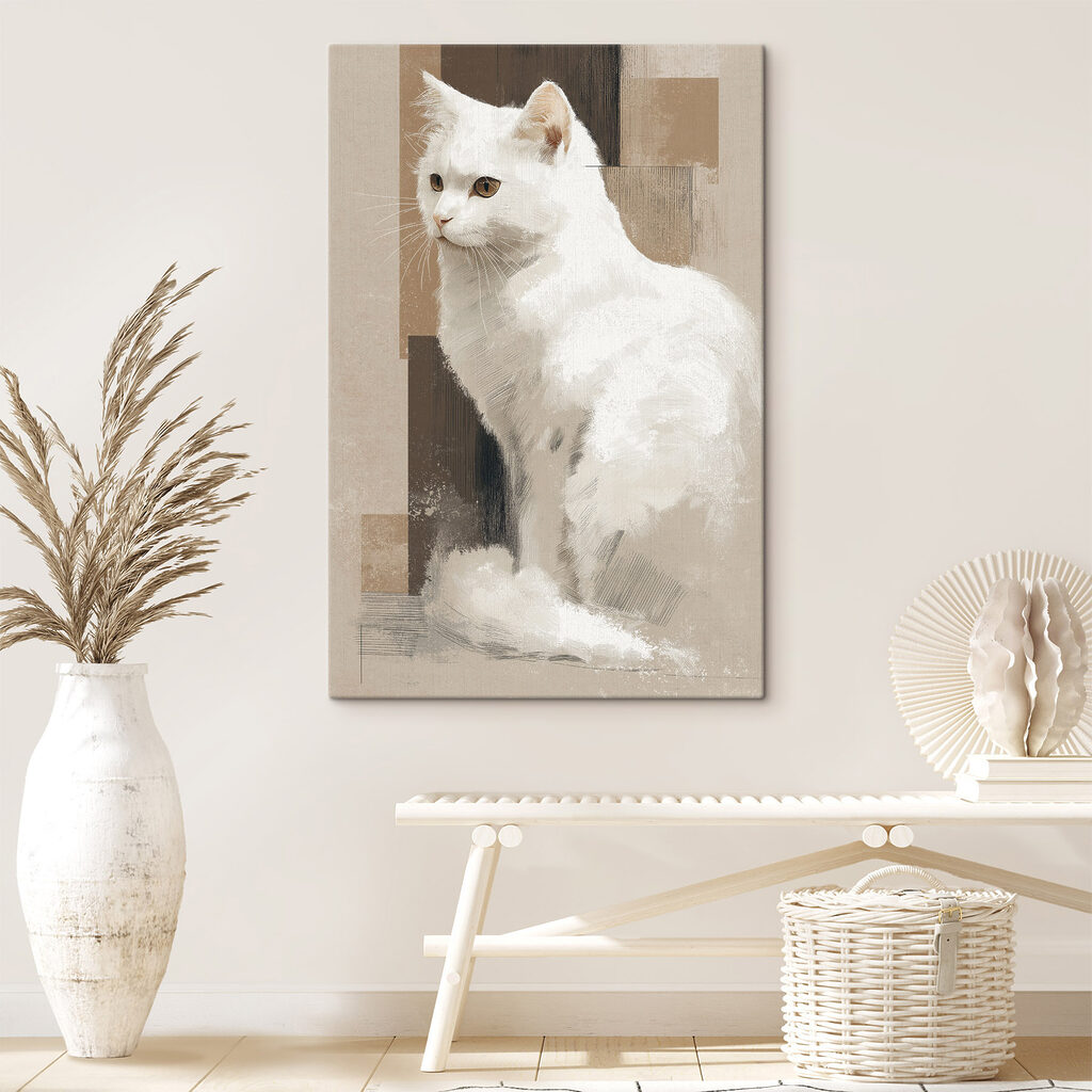 White cat sitting on a brown surface