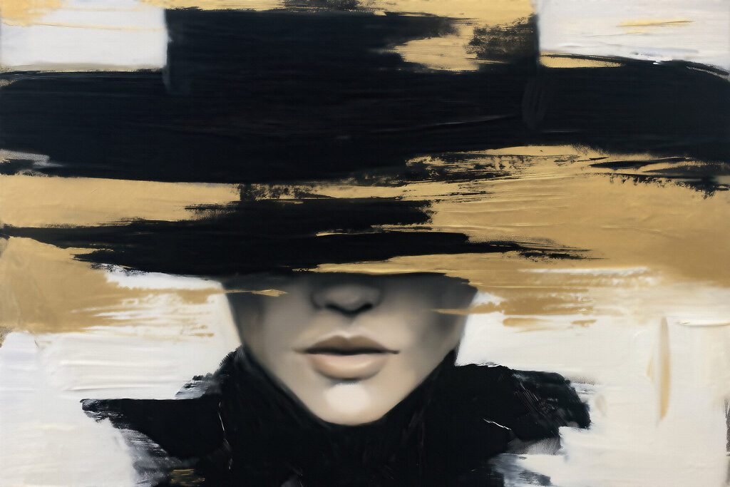 Painting of a woman with a hat over her eyes Painting of a woman with a hat over her eyes