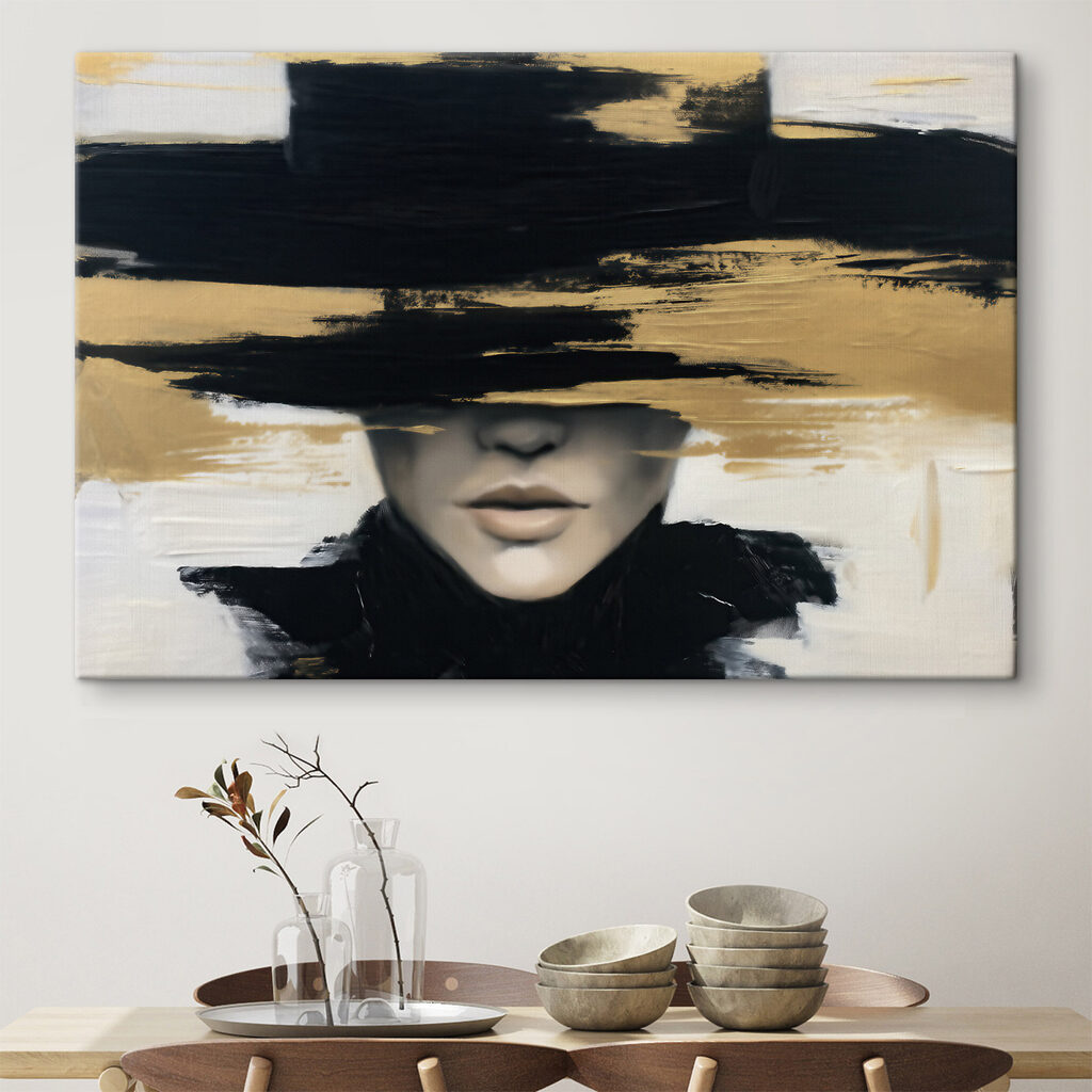 Painting of a woman with a hat over her eyes Painting of a woman with a hat over her eyes