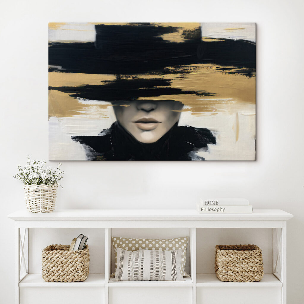 Painting of a woman with a hat over her eyes Painting of a woman with a hat over her eyes