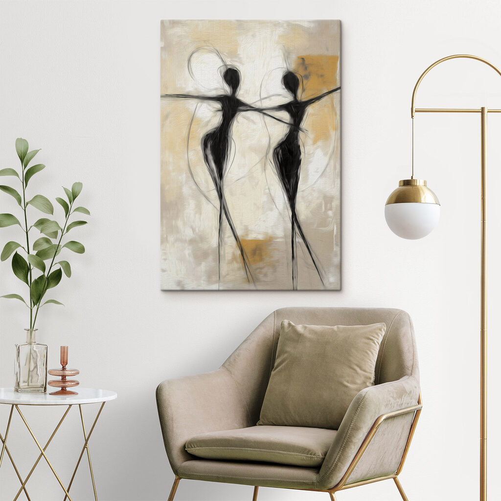 Black and white painting of two women dancing