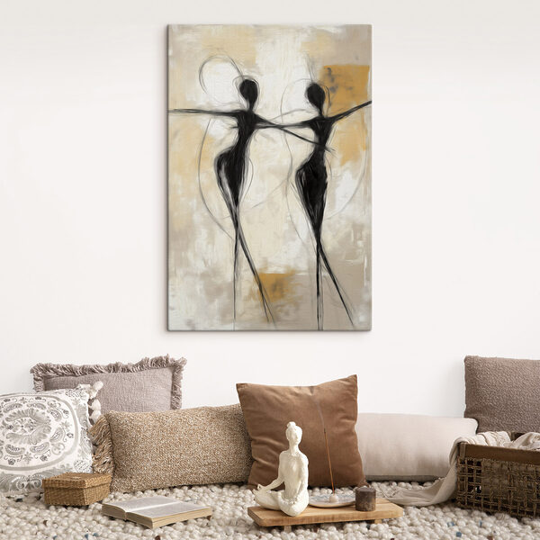 Black and white painting of two women dancing