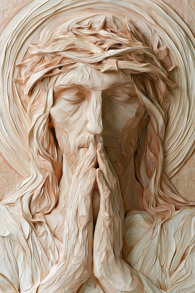 Sculpture of a man with his hands together