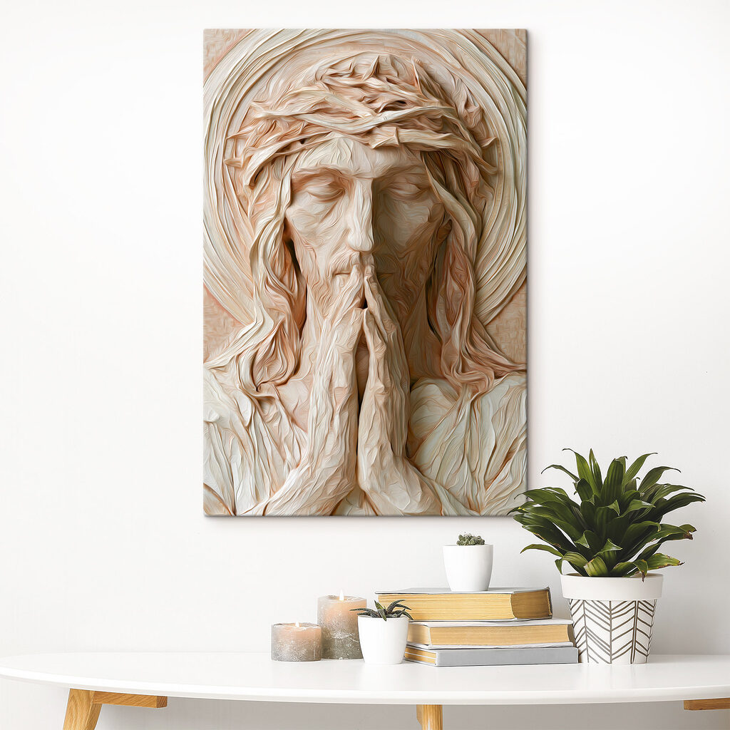 Sculpture of a man with his hands together