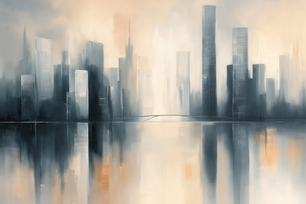 City skyline with tall buildings reflected in water