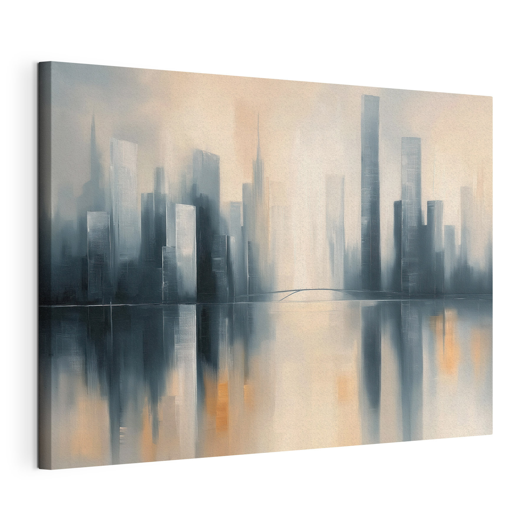 City skyline with tall buildings reflected in water