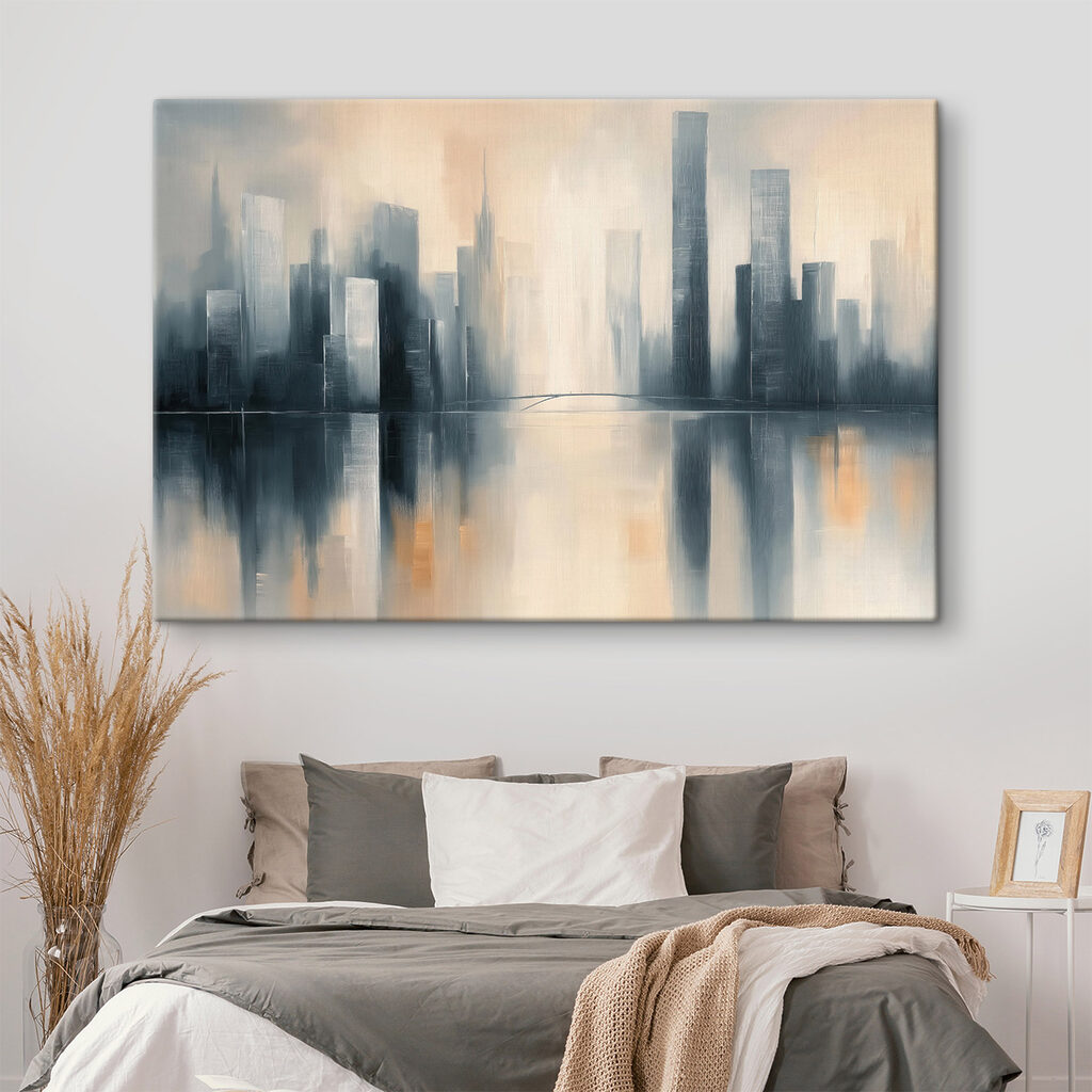 City skyline with tall buildings reflected in water