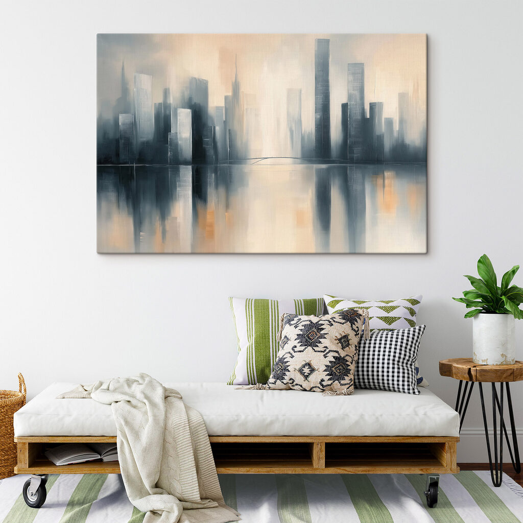 City skyline with tall buildings reflected in water