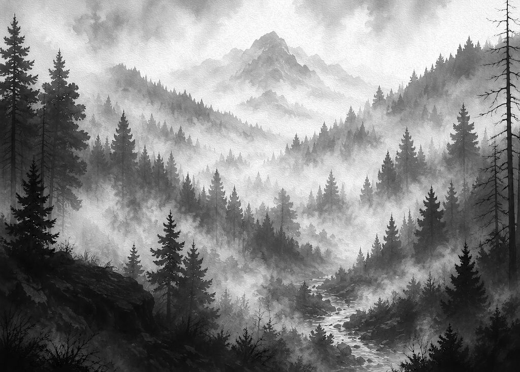 Mountain landscape with fog and trees