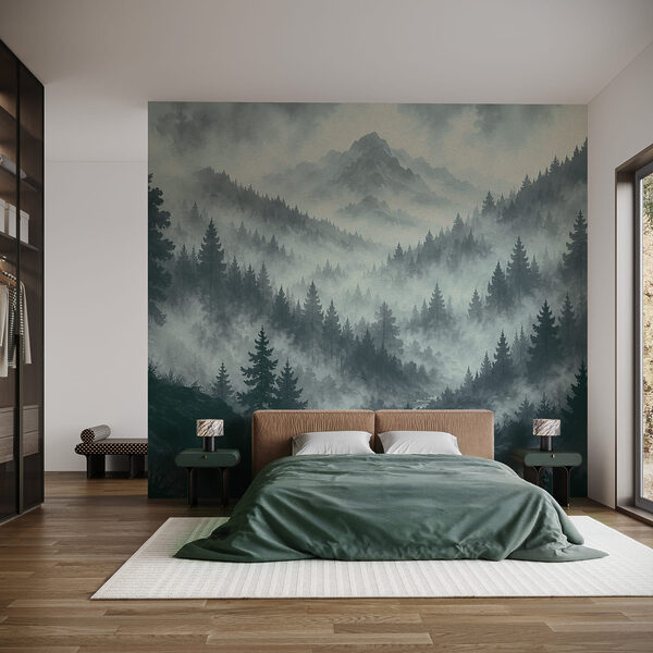 Nebelige Berglandschaft mit Bäumen und einem Fluss Nebelige Berglandschaft mit Bäumen und einem Fluss