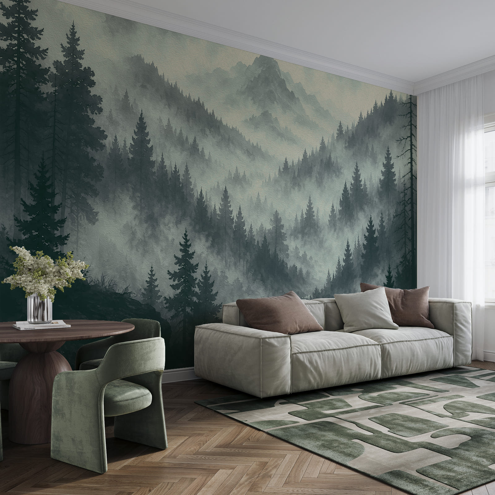 Nebelige Berglandschaft mit Bäumen und einem Fluss Nebelige Berglandschaft mit Bäumen und einem Fluss