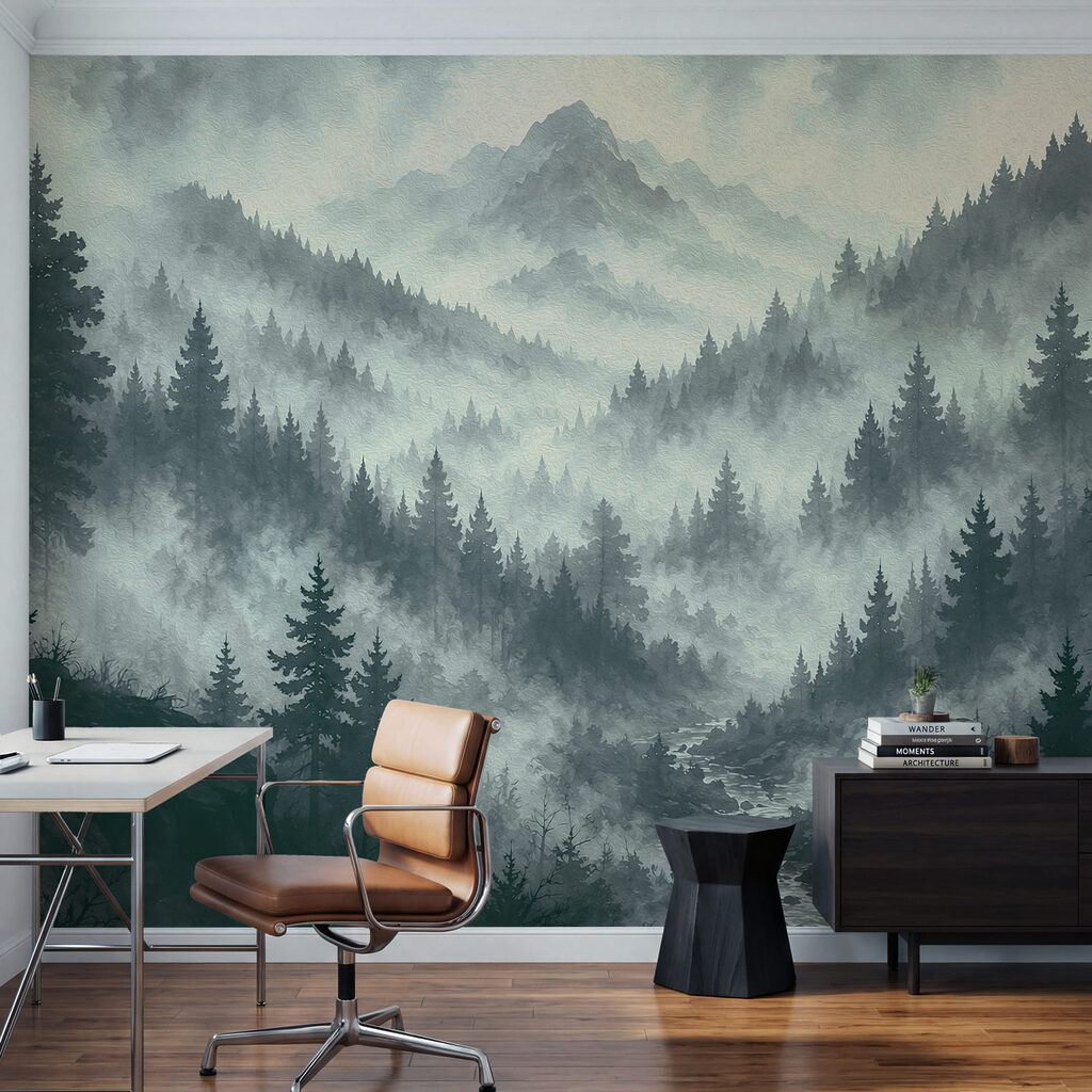Nebelige Berglandschaft mit Bäumen und einem Fluss Nebelige Berglandschaft mit Bäumen und einem Fluss