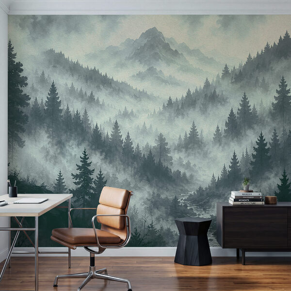 Nebelige Berglandschaft mit Bäumen und einem Fluss Nebelige Berglandschaft mit Bäumen und einem Fluss