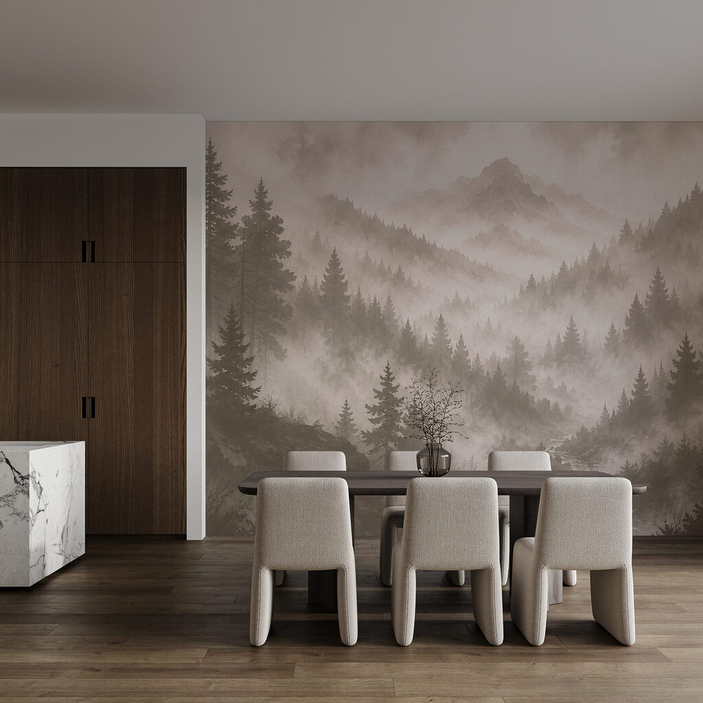 Nebelige Berglandschaft mit Bäumen und einem Fluss Nebelige Berglandschaft mit Bäumen und einem Fluss