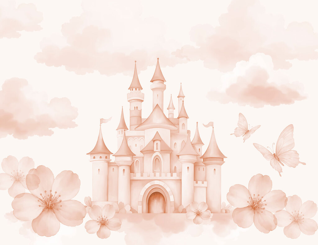 Pink castle with butterflies and flowers Pink castle with butterflies and flowers