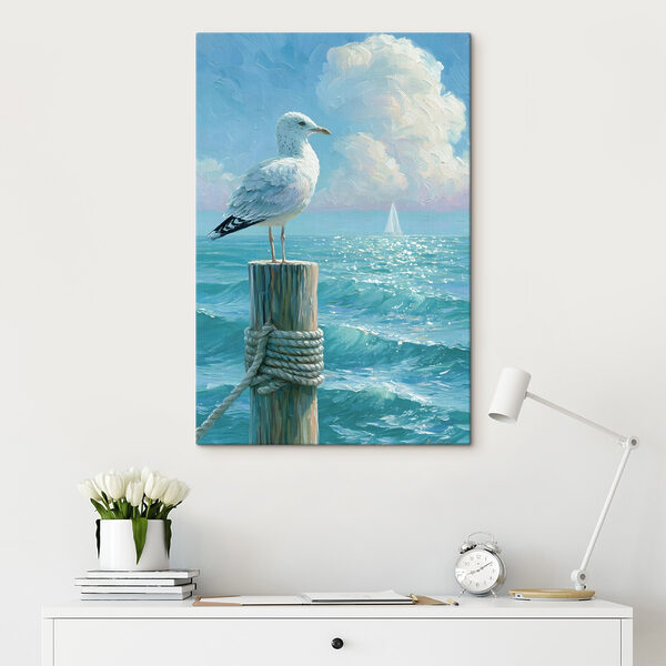 Bird standing on a post in front of a sailboat Bird standing on a post in front of a sailboat