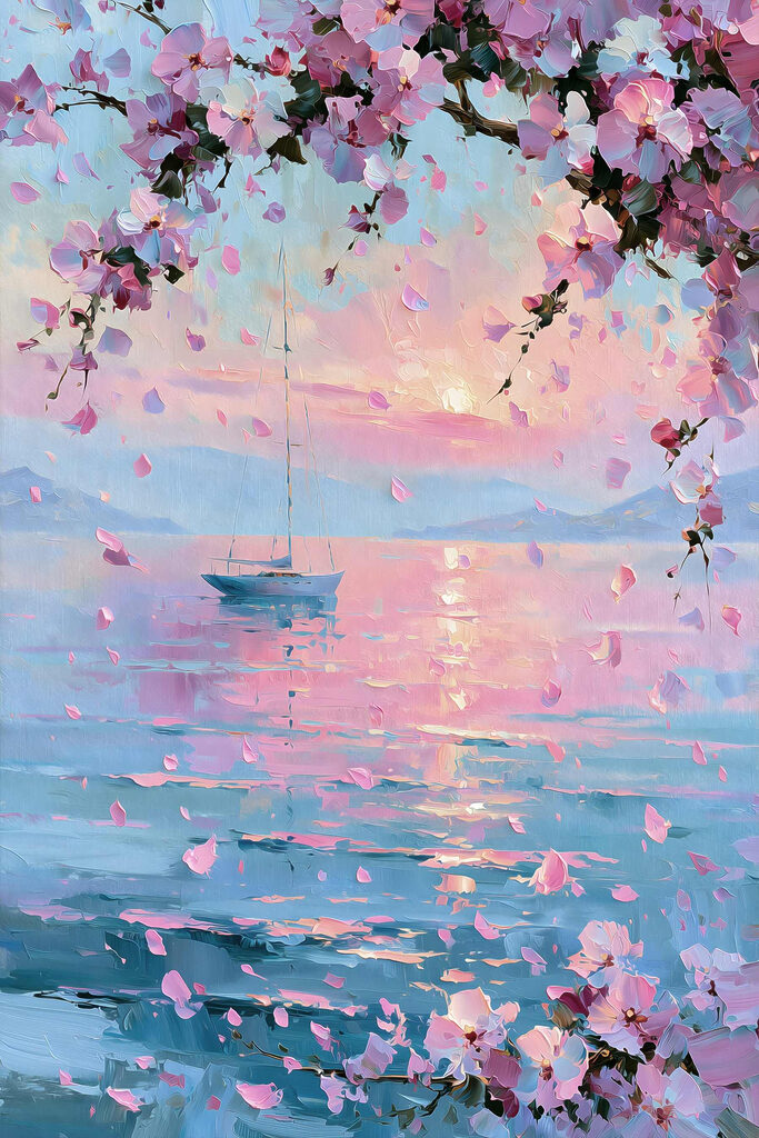 Painting of a sailboat on a calm body of water with pink flowers
