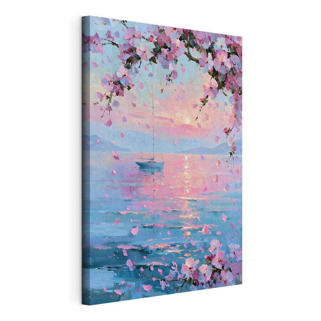 Painting of a sailboat on a calm body of water with pink flowers