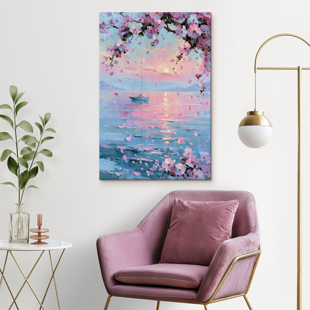 Painting of a sailboat on a calm body of water with pink flowers