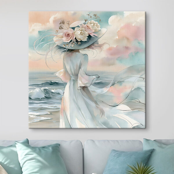 Woman in a dress with flowers on her hat Woman in a dress with flowers on her hat