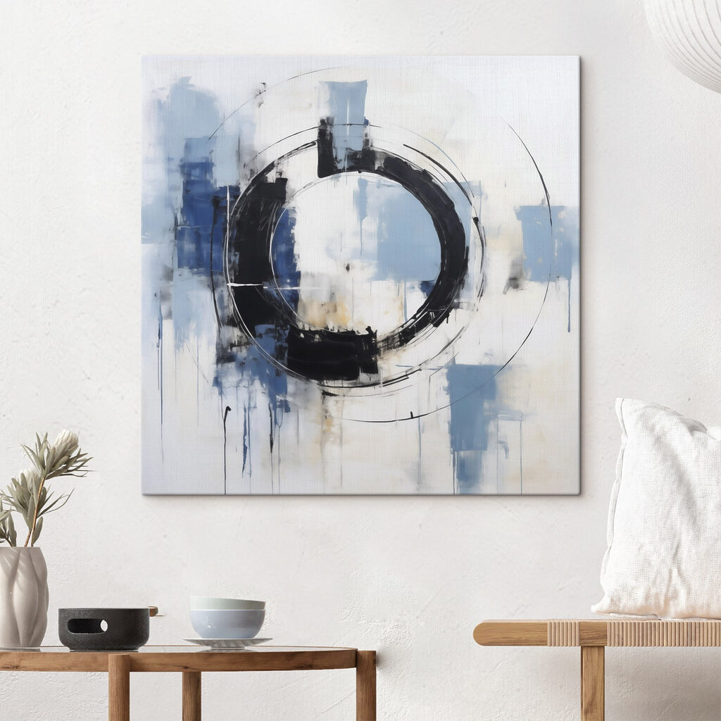 Painting of a circle with blue and white paint