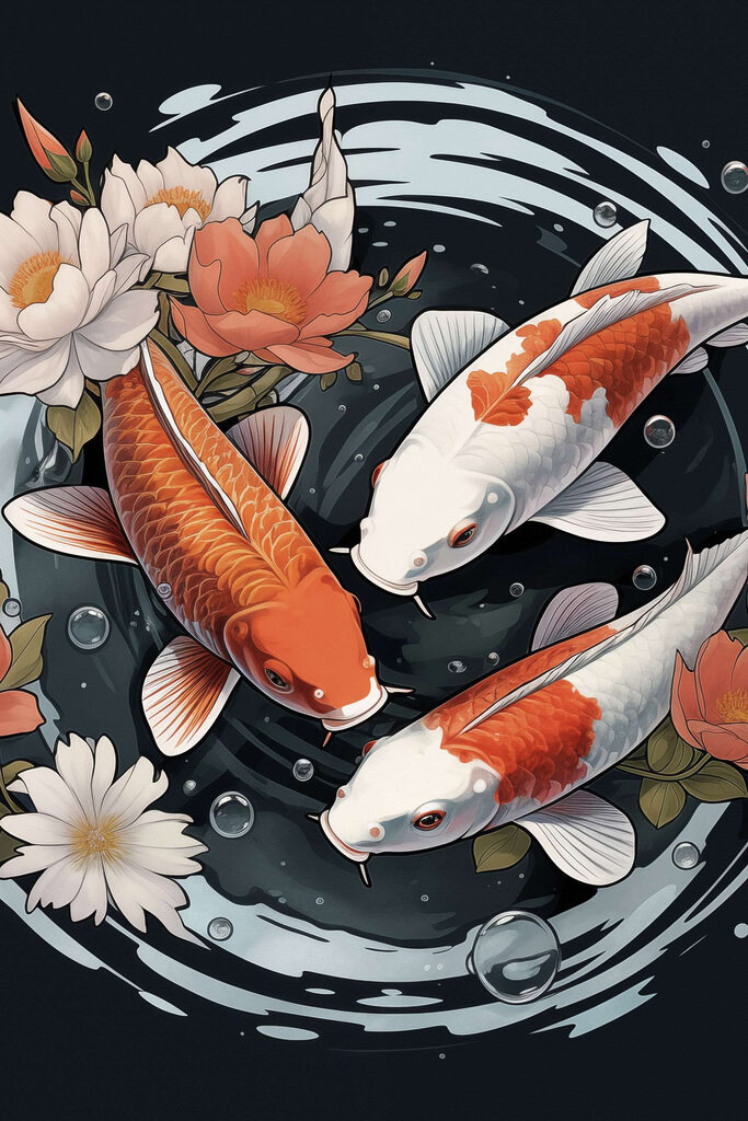 Group of fish swimming in water with flowers Group of fish swimming in water with flowers