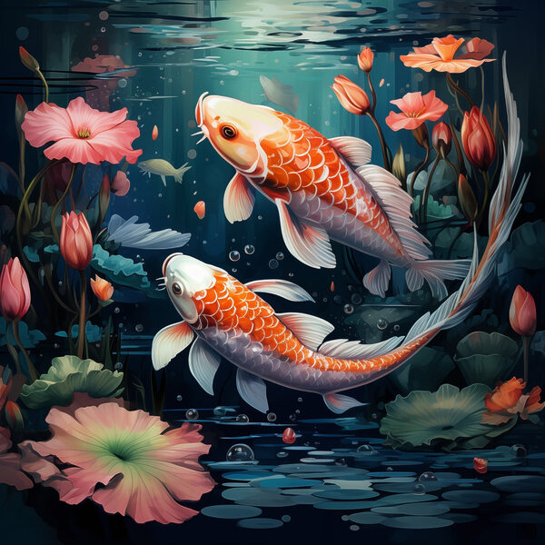 Couple of fish swimming in water with flowers Couple of fish swimming in water with flowers