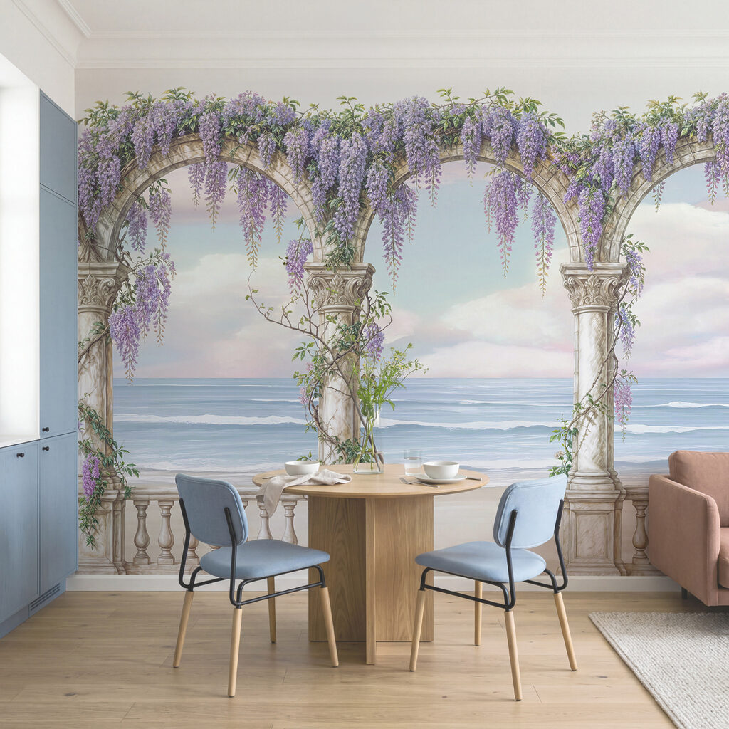 Gemälde eines Torbogens, der mit violetten Blumen geschmückt ist Gemälde eines Torbogens, der mit violetten Blumen geschmückt ist