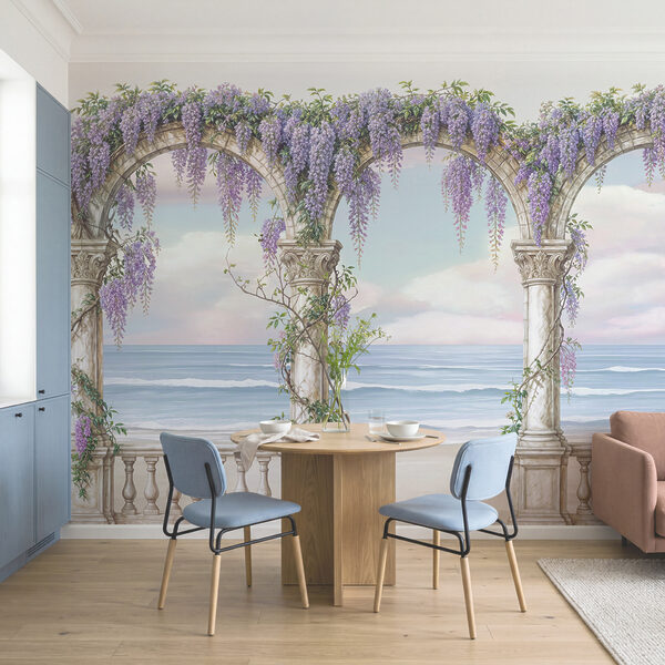 Gemälde eines Torbogens, der mit violetten Blumen geschmückt ist Gemälde eines Torbogens, der mit violetten Blumen geschmückt ist