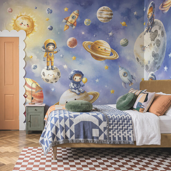 Gruppe von Comic-Astronauten und Planeten Gruppe von Comic-Astronauten und Planeten