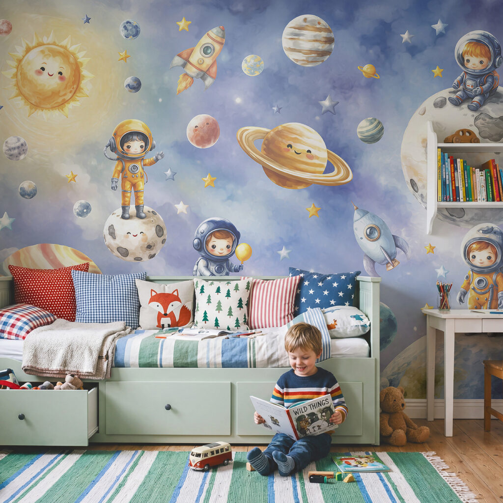 Gruppe von Comic-Astronauten und Planeten Gruppe von Comic-Astronauten und Planeten