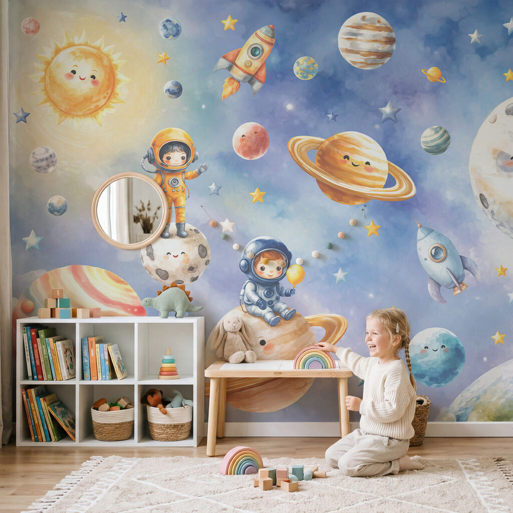 Gruppe von Comic-Astronauten und Planeten Gruppe von Comic-Astronauten und Planeten