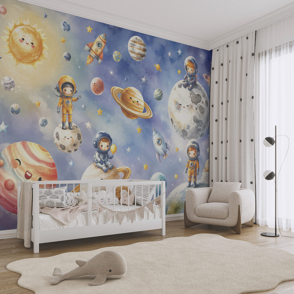 Gruppe von Comic-Astronauten und Planeten Gruppe von Comic-Astronauten und Planeten