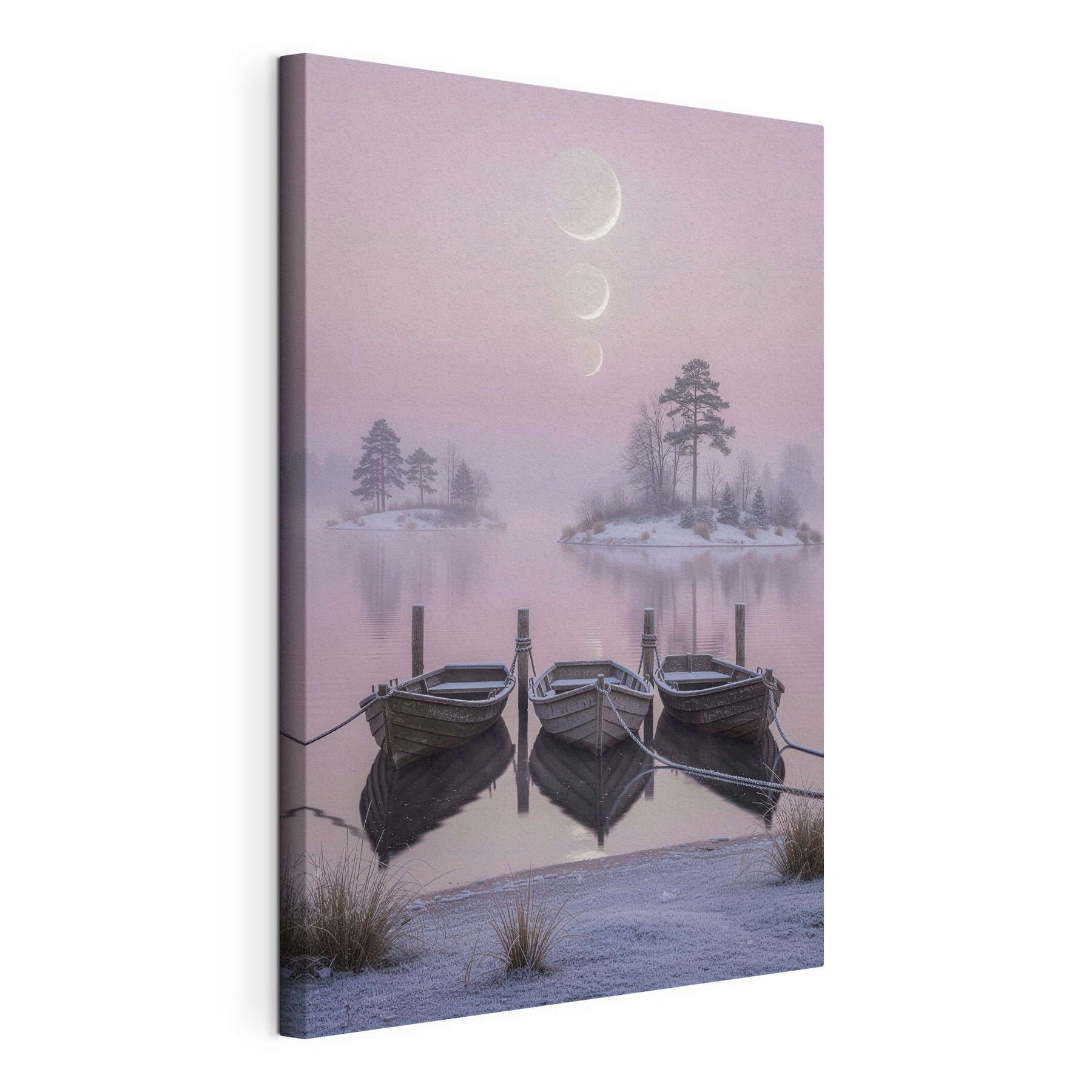 Boats on a lake with trees and a moon in the background