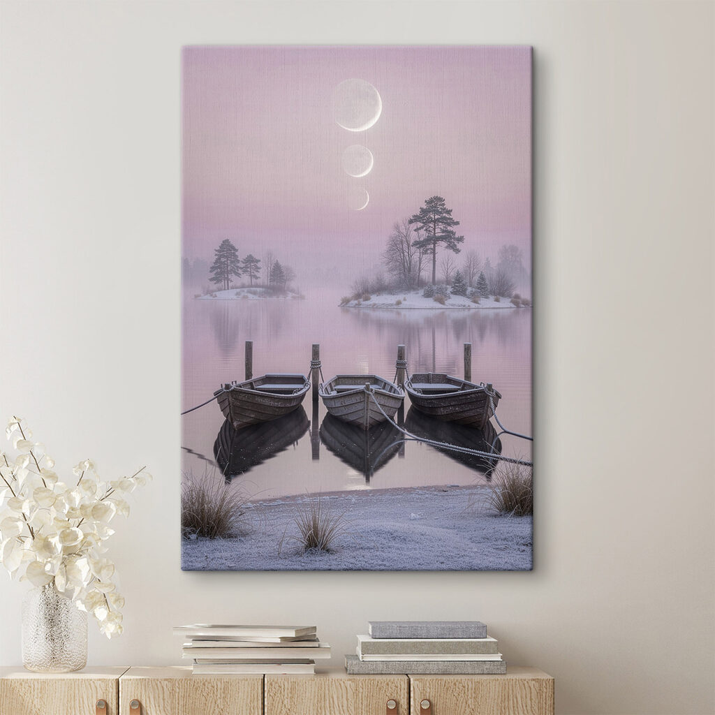 Boats on a lake with trees and a moon in the background