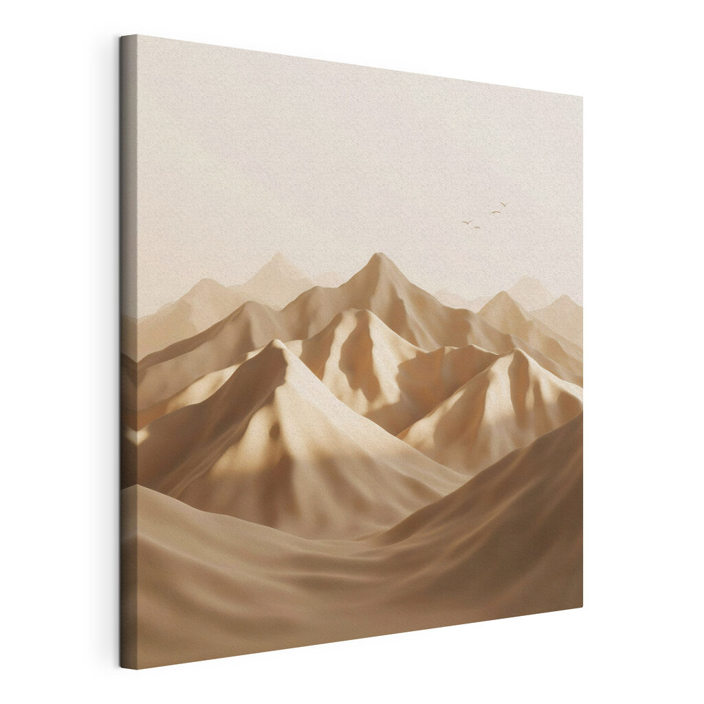 Desert landscape with mountains and birds flying