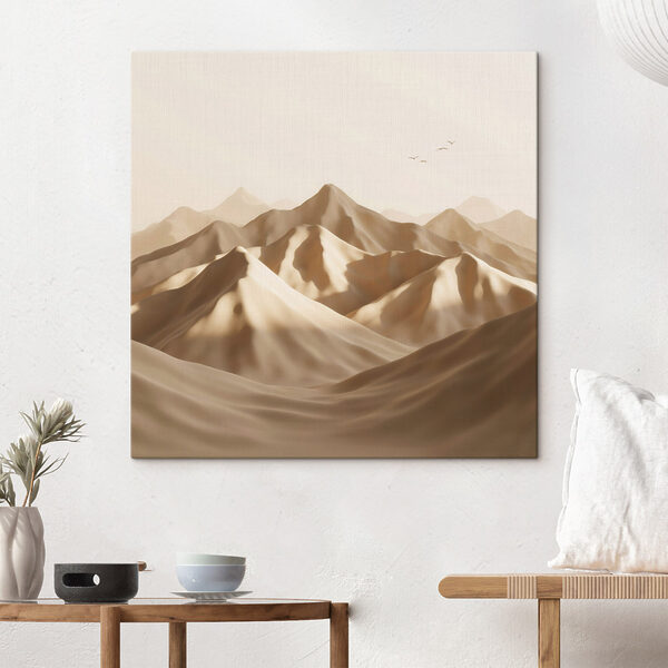 Desert landscape with mountains and birds flying