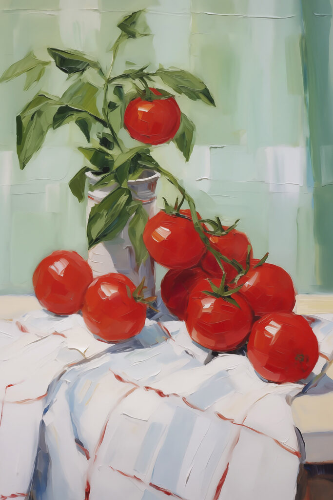 Painting of tomatoes on a table