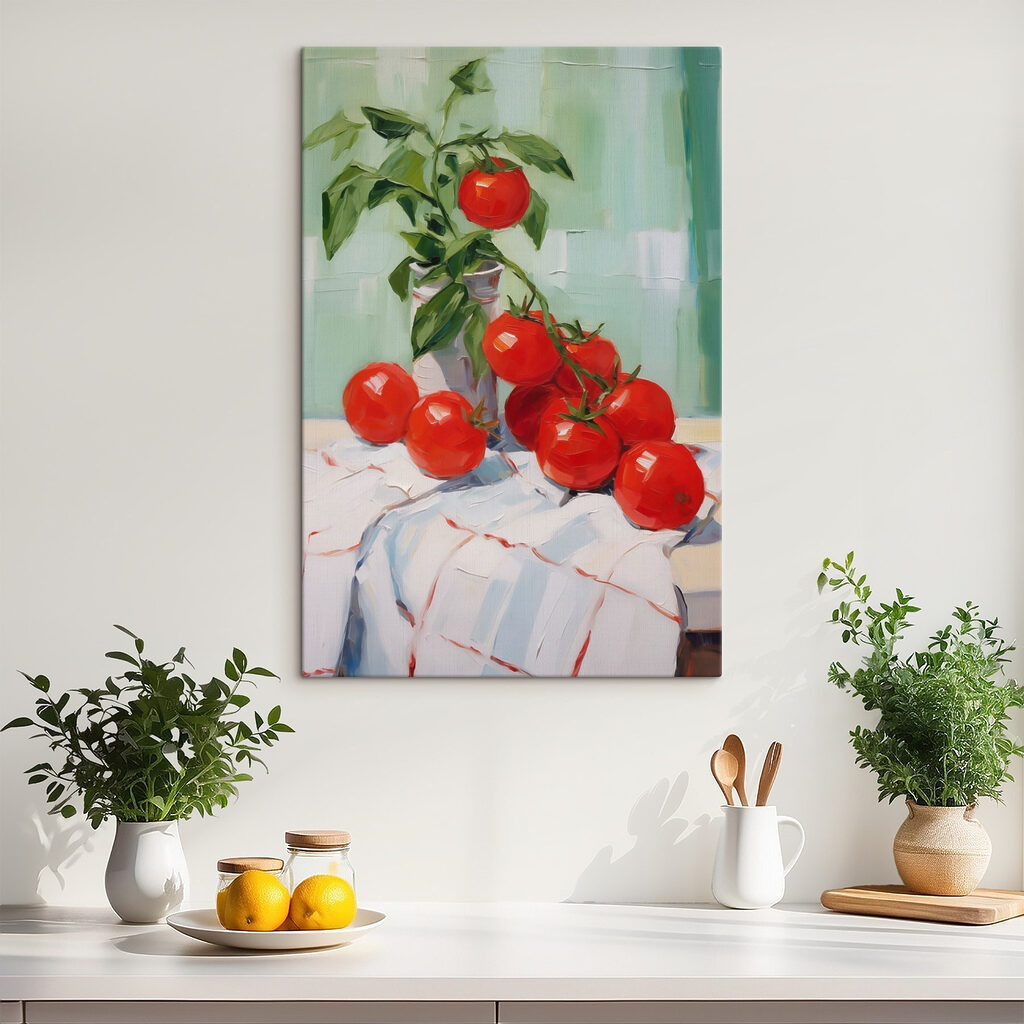 Painting of tomatoes on a table
