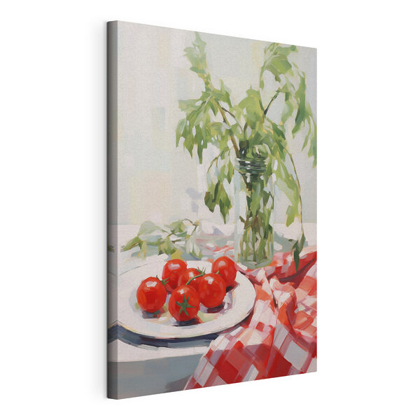 Painting of tomatoes on a plate next to a vase of green leaves Painting of tomatoes on a plate next to a vase of green leaves
