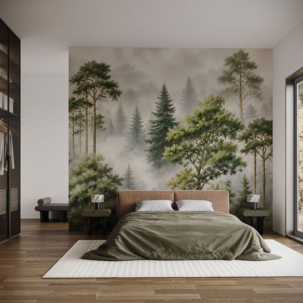 Nebelverhangener Wald mit Bäumen Nebelverhangener Wald mit Bäumen