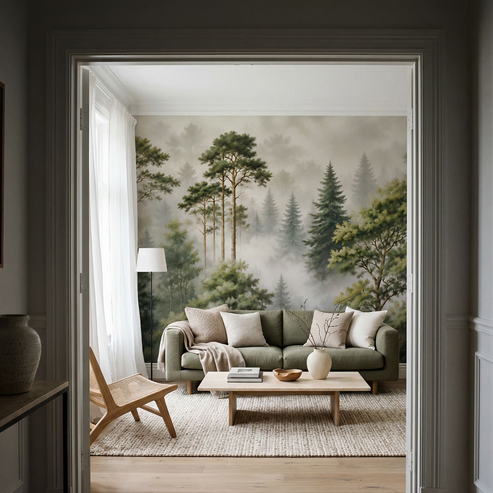 Nebelverhangener Wald mit Bäumen Nebelverhangener Wald mit Bäumen